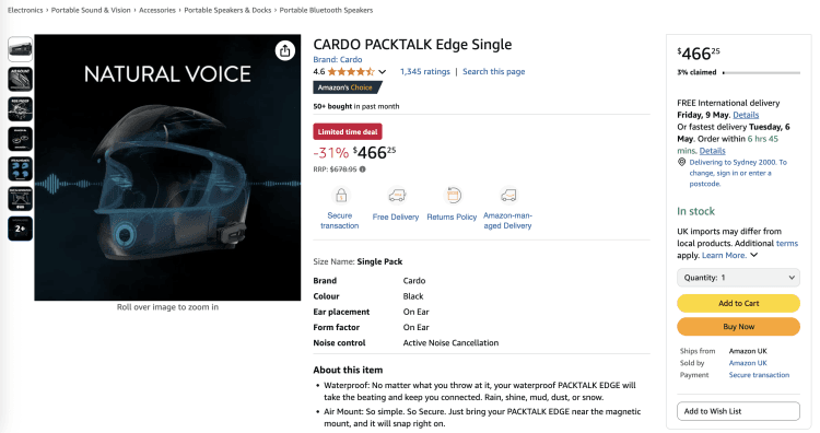 Amazon: CARDO PACKTALK Edge Single – Now $466 – 31% Off